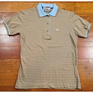 VTG 70s/80s IZOD Lacoste Stripe Polo Shirt XS/SM Tan/Blue Alligator 100% Cotton